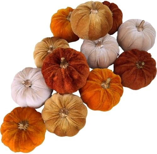 12 Piece Faux Fall Harvest Velvet Pumpkins 3 Inch Rust Orange Champagne Gold