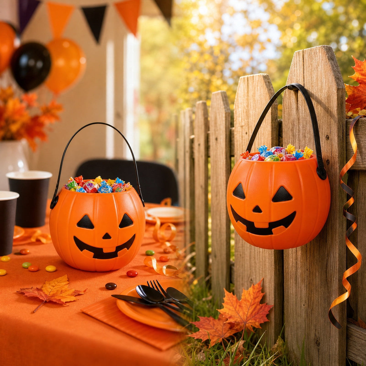 Kumdkd Halloween Pumpkin Bucket for Kids - Plastic Trick or Treat Candy Pail with Handle, Party Decor