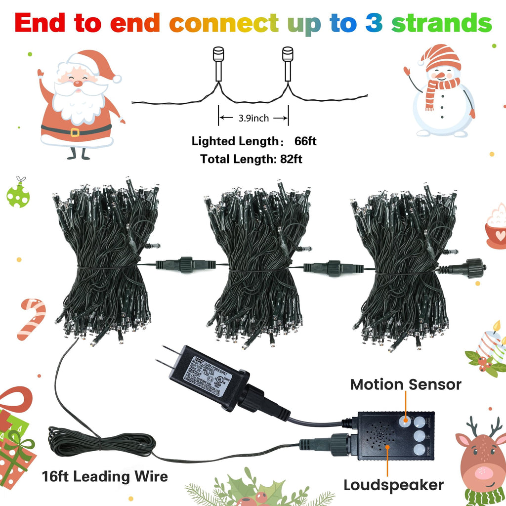 Ceevoo Christmas Lights Outdoor, 82ft 200 LED Christmas String Lights with Music, Plug in Motion Sensor Waterproof Holiday String Light for Indoor Outdoor Home Party Tree Garden Yard Decor