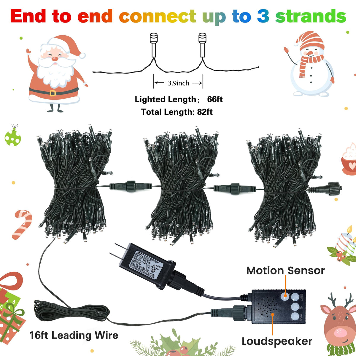 Ceevoo Christmas Lights Outdoor, 82ft 200 LED Christmas String Lights with Music, Plug in Motion Sensor Waterproof Holiday String Light for Indoor Outdoor Home Party Tree Garden Yard Decor