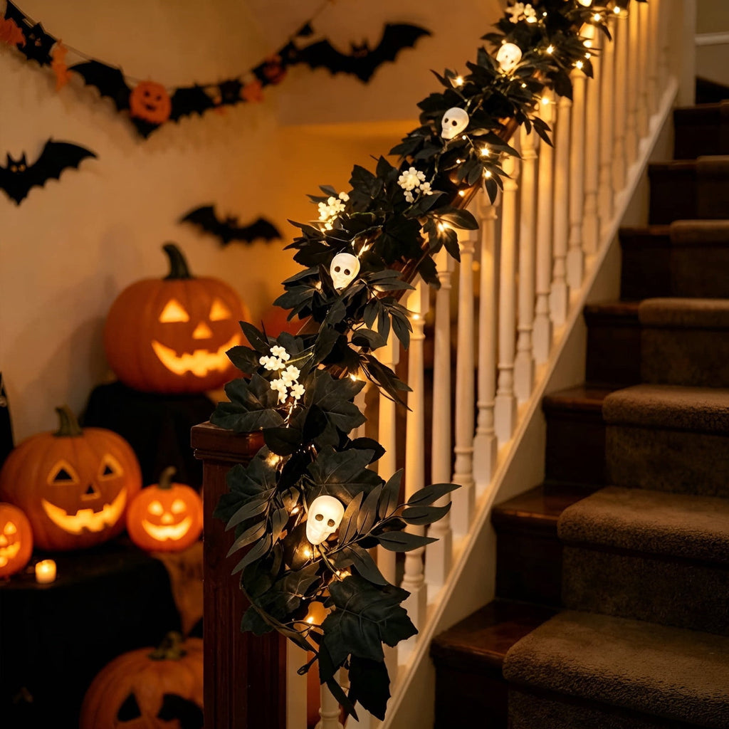 Halloween Black Garland with LED Lights 70.87 Inch Gothic Foliage for Mantel Stair Halloween Party Home Indoor Decor