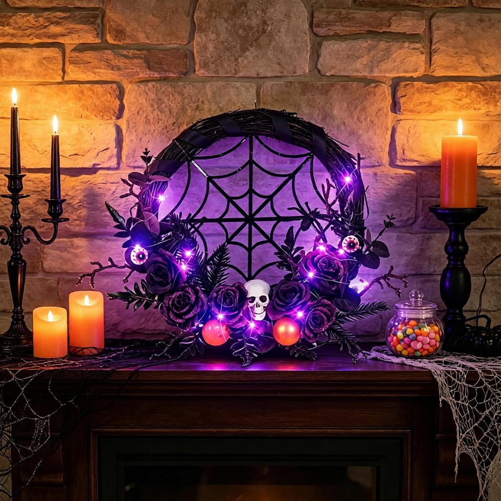 WWC Halloween Wreath, Orange LED Pumpkin and Bats Wreath, Gothic Halloween Decorations Wreath for Front Door, Indoor Outdoor Party Decor