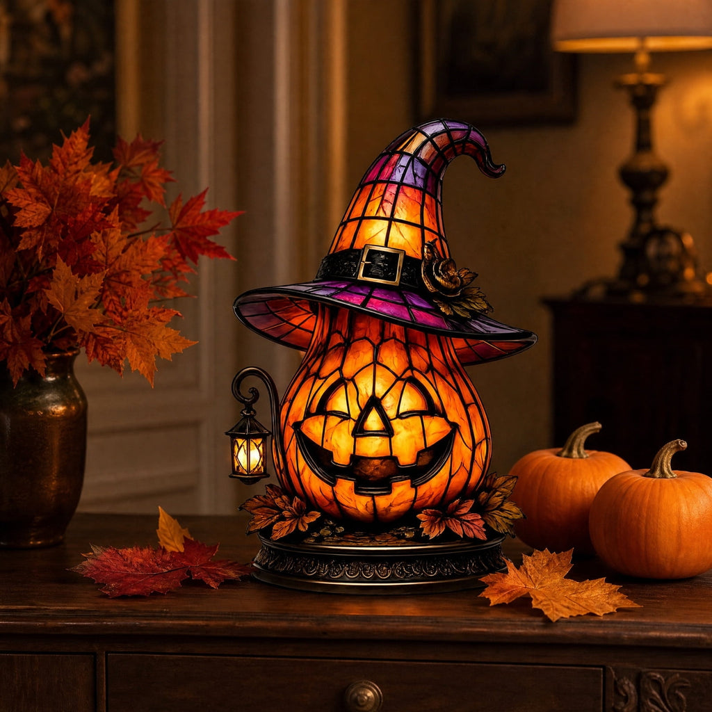 Diceymbol 11.81 Inch Halloween Ghost Night Light, Witch Hat Ghost Lamp with Jack O Lantern, Halloween Decorations Indoor for Table Mantel Party Decor