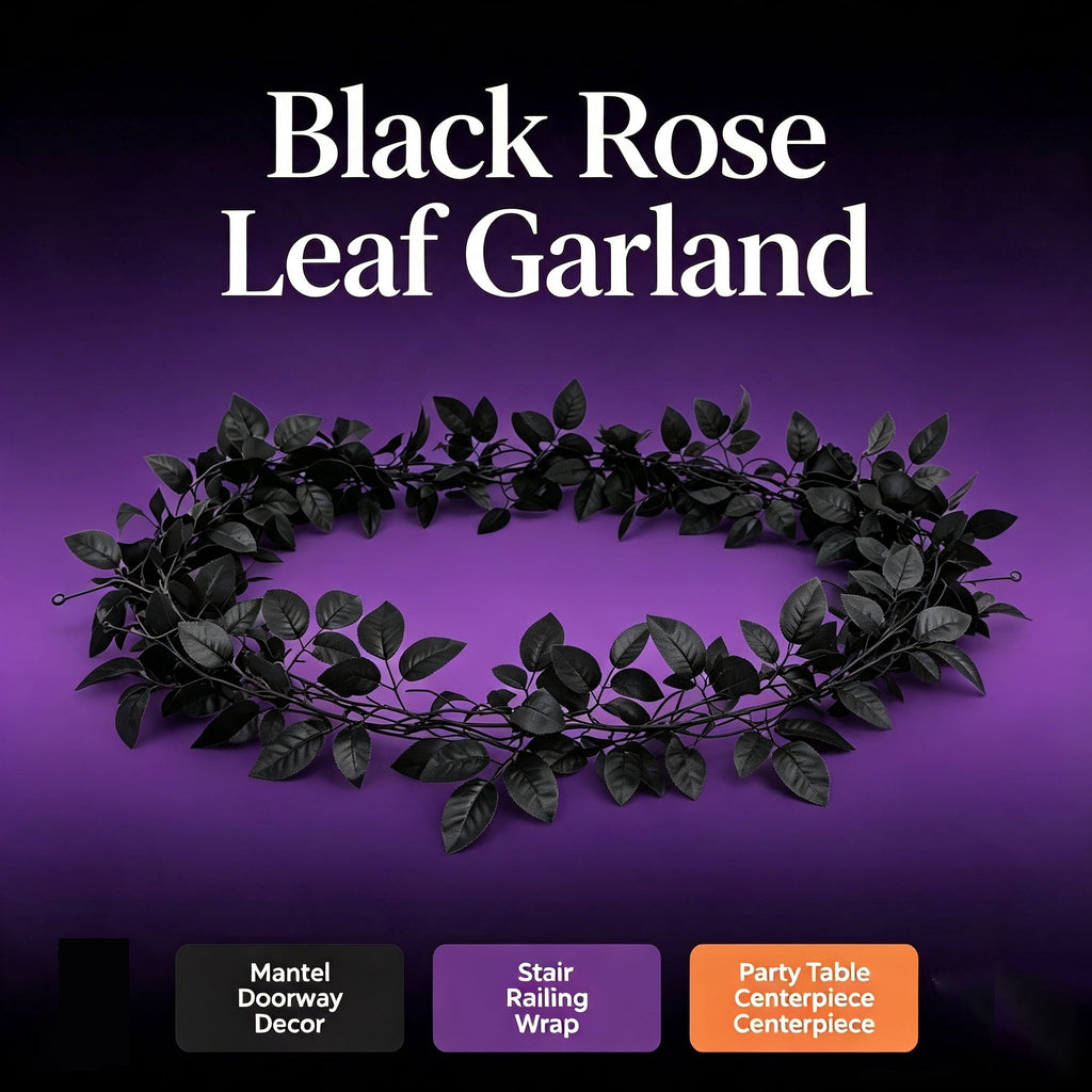 Halloween Black Garland with LED Lights 70.87 Inch Gothic Foliage for Mantel Stair Halloween Party Home Indoor Decor