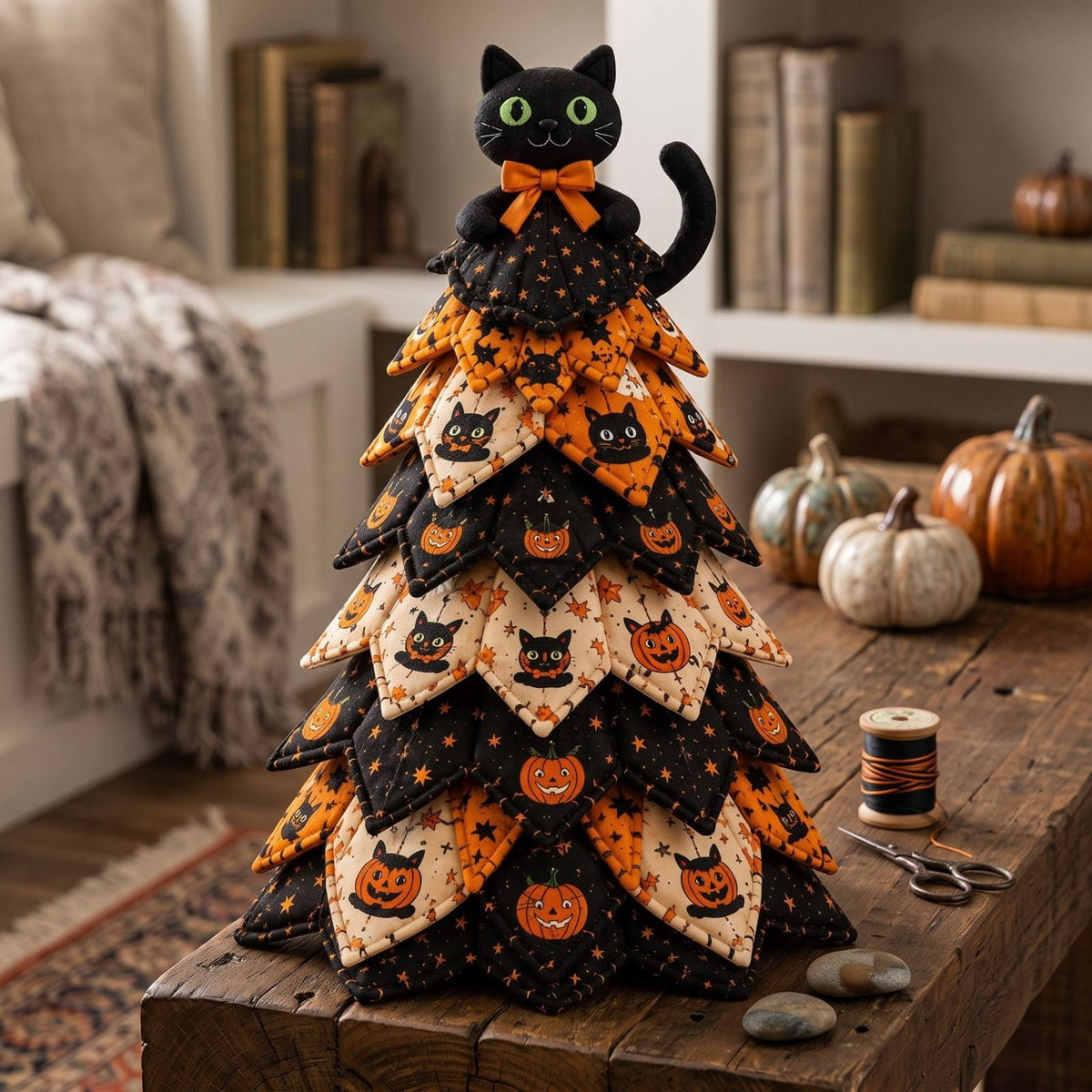 Lypsnake DIY Halloween Quilted Fabric Tree Kit, Vintage Pumpkin Sunflower Patchwork, 3D Padded Sewing Craft Project for Autumn Harvest Decor
