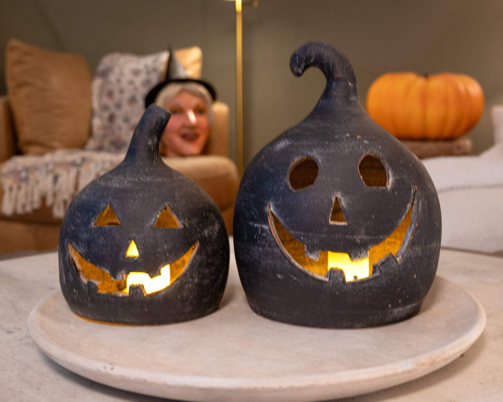 SET OF TWO BLACK CLAY JACK-O-LANTERNS