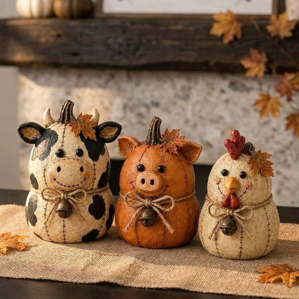Farmhouse Decor, Farmhouse Fall Decor, Pumpkin Decor Set, Rustic Farm Animal Pumpkin Ornaments for Mantel Shelf Table Centerpiece (Dairy cow)