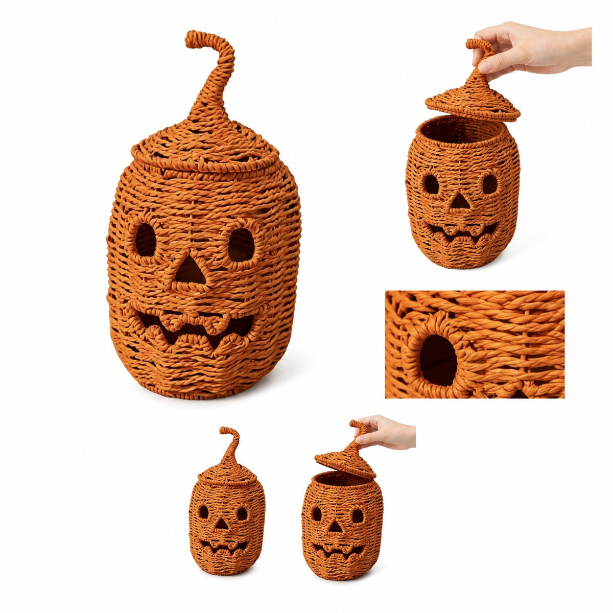 Aximioll Halloween Black Woven Jack-O-Lantern Pumpkin Decor, Hand Woven Rattan Wicker Style Statue, Trick or Treat Candy Bowl Lantern for Porch Entryway Fireplace Mantel Table, Black, 11 Inches
