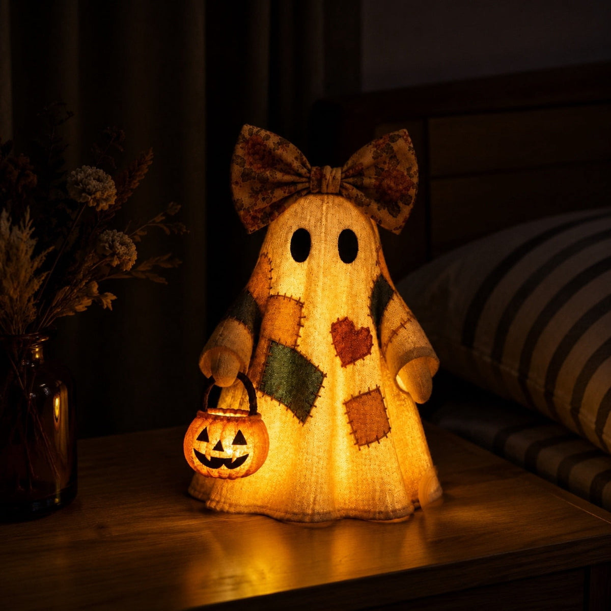 Vintage Patchwork Ghost Figurine, Cute Resin Halloween Ghost Statue with Floral Bow and Pumpkin Basket, Retro Fall Tabletop Mantel Shelf Entryway Porch Decor for Halloween Thanksgiving Home Party