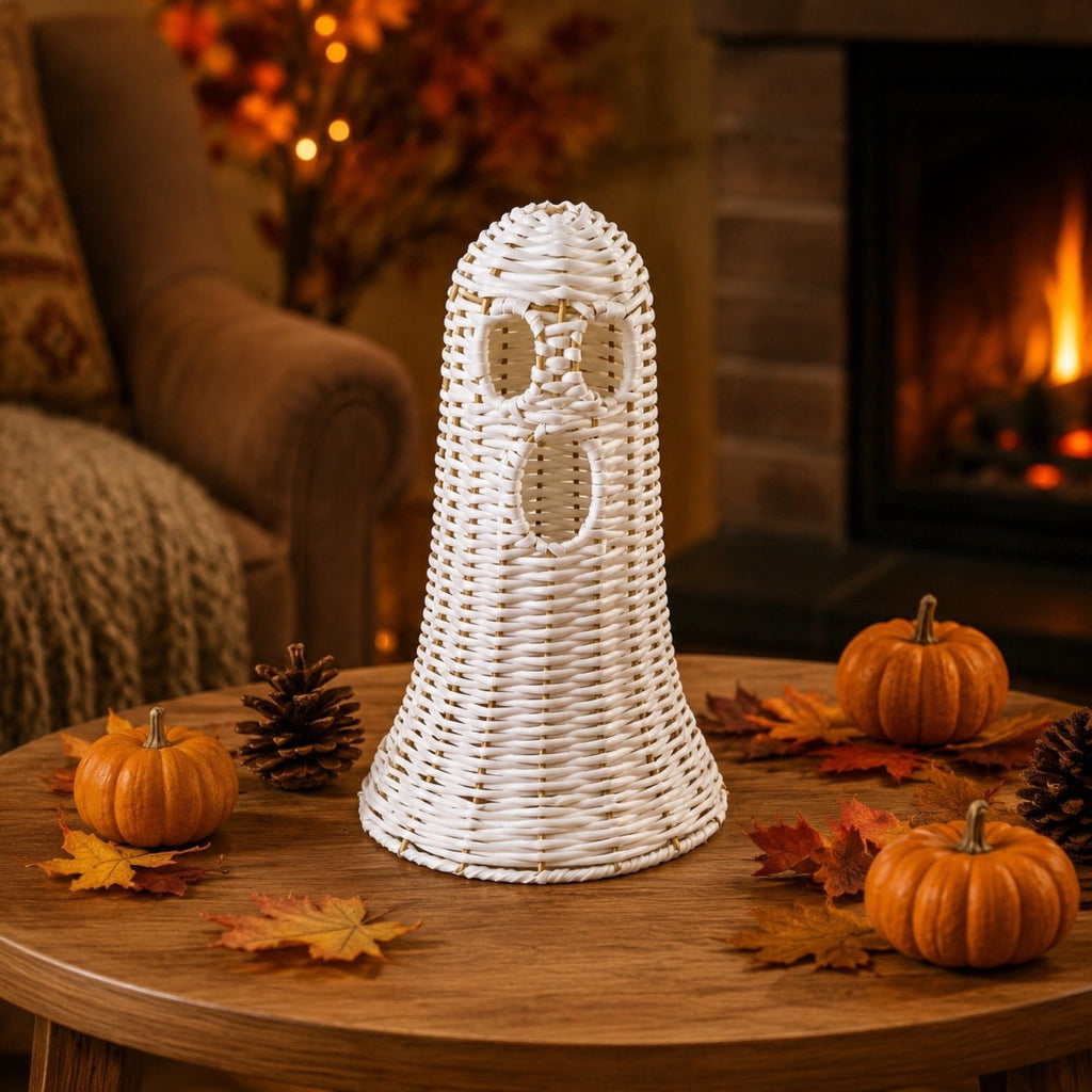 Wicker Ghost Decor, Halloween Decorations Indoor 12.2 Inch, Rattan Ghost Basket Tabletop Lamp Shade for Fall Home Mantel, Halloween Gift Ideal