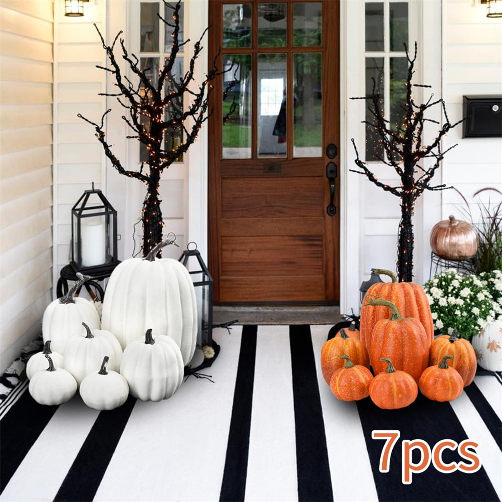 7PCS Fake Pumpkins White Orange, Fall Artificial Pumpkins for Decoration Different Sizes, Halloween Thanksgiving Autumn Harvest DIY Foam Pumpkin Indoor Outdoor Home Decor