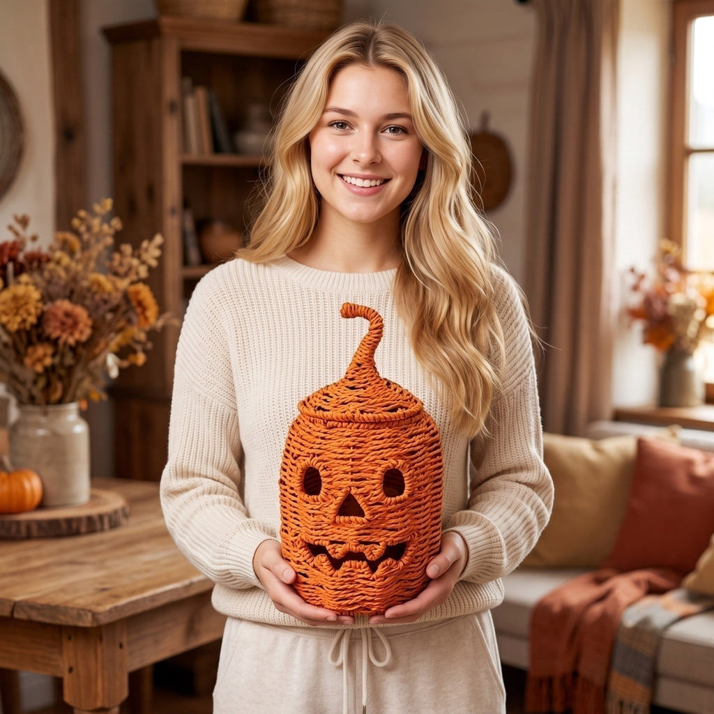 Aximioll Halloween Black Woven Jack-O-Lantern Pumpkin Decor, Hand Woven Rattan Wicker Style Statue, Trick or Treat Candy Bowl Lantern for Porch Entryway Fireplace Mantel Table, Black, 11 Inches