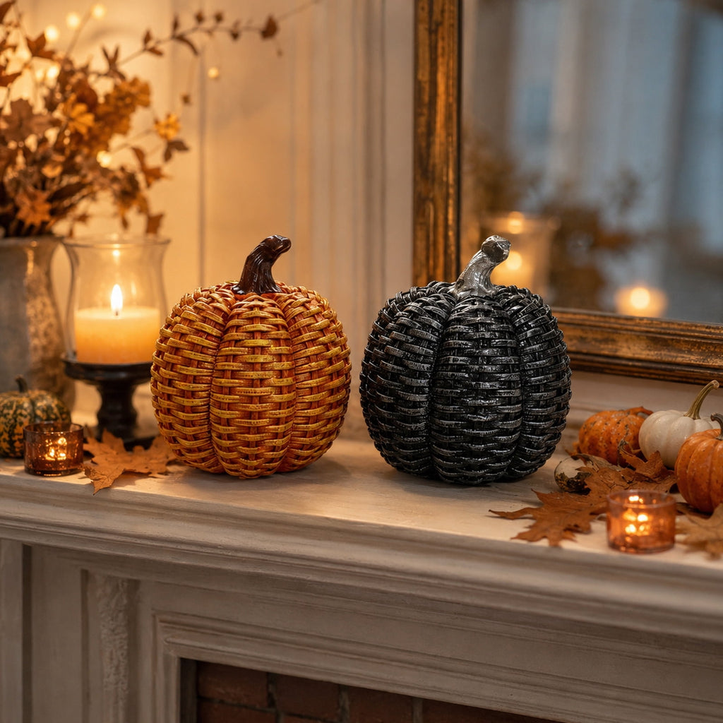 Halloween Resin Faux Pumpkin Decor – 11cm Tall Simulated Woven Pattern Pumpkin Ornament – Halloween Party Decorations for Yard Garden Holiday Layout