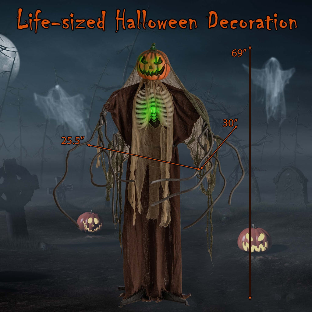Costway 5.75ft Halloween Animatronics Decoration Talking Ghost Pumpkin with Glowing Ribs and Moving Head Sound & Touch Activated Standing Prop