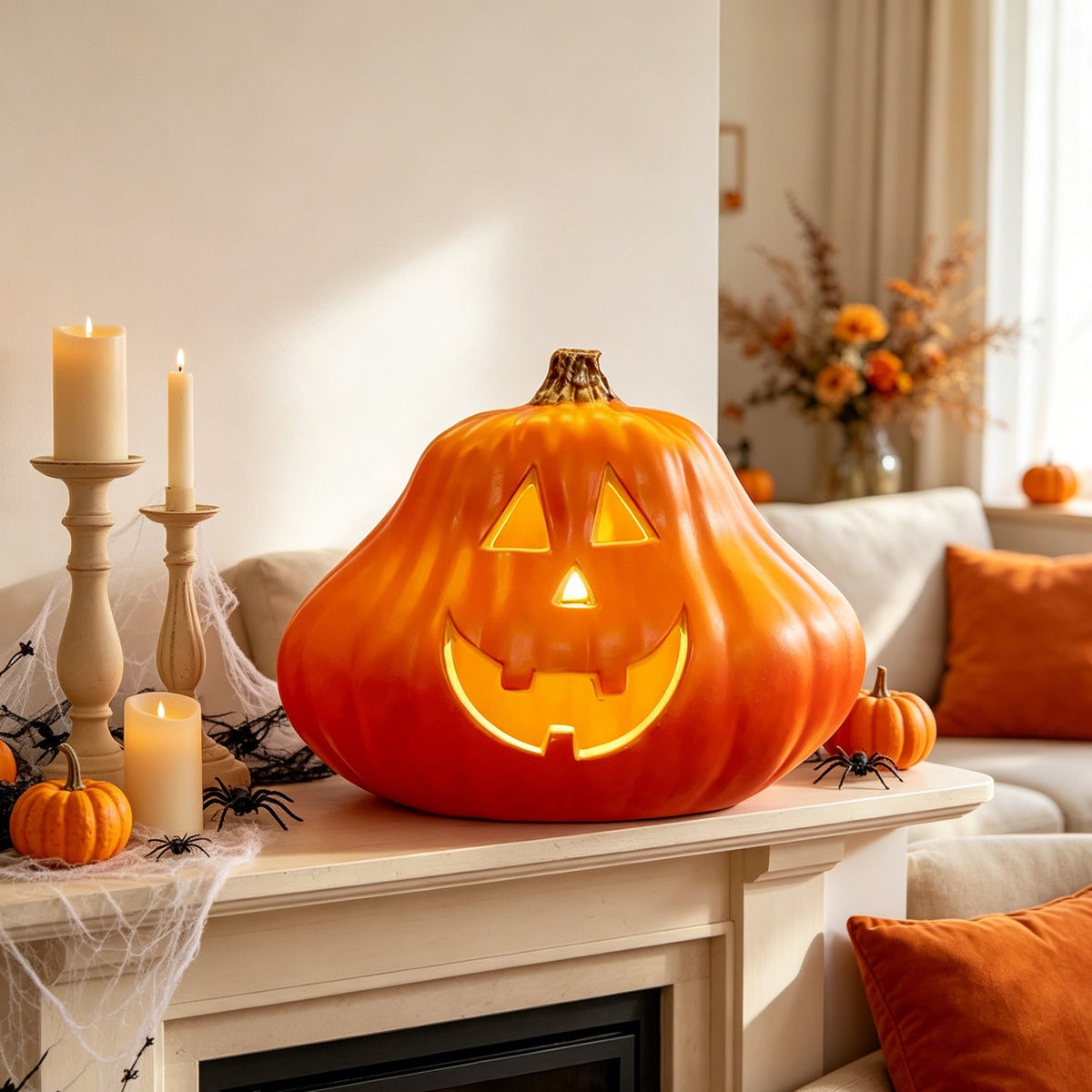 Halloween Lighted Pumpkin Decoration, Glowing Jack o Lanterns, Large LED Pumpkin Lamp with Warm Glow, Outdoor Yard Porch Halloween Decor, Holiday Display Ornament for Home Party