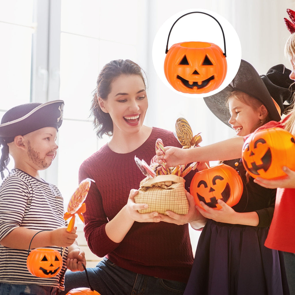 8-Pack Plastic Pumpkin Candy Buckets - Halloween Trick or Treat Pails for Kids, Orange Party Decorations, Durable Candy Holders for Children
