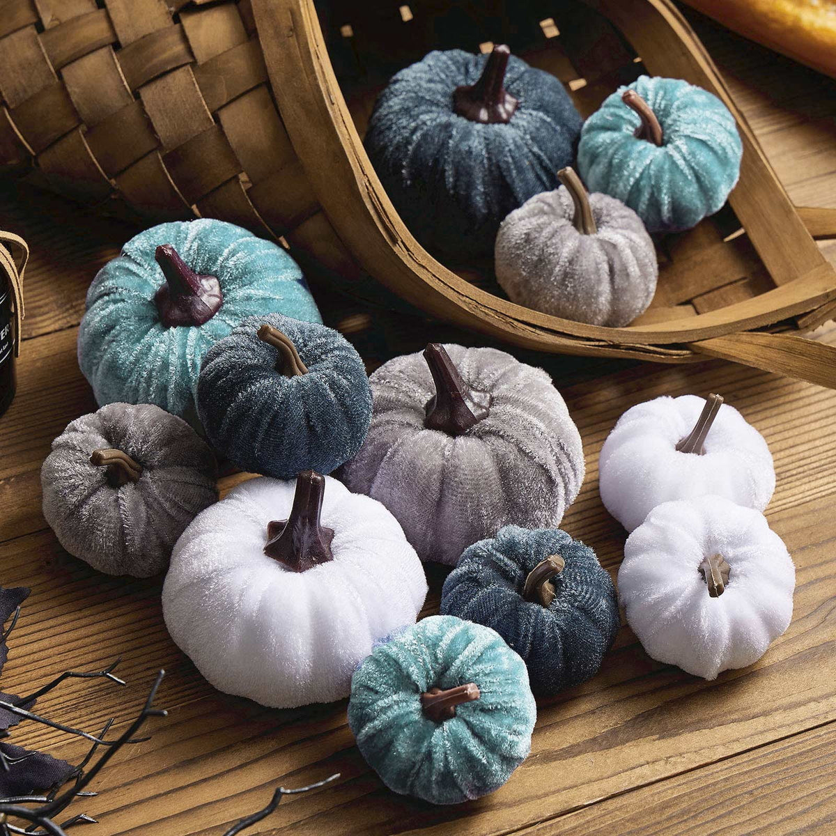 12 Pcs Small Velvet Pumpkins Artificial Pumpkins 2 Sizes for Fall Decor Wedding Thanksgiving Halloween Party Table Centerpiece Farmhouse Decoration, Blue