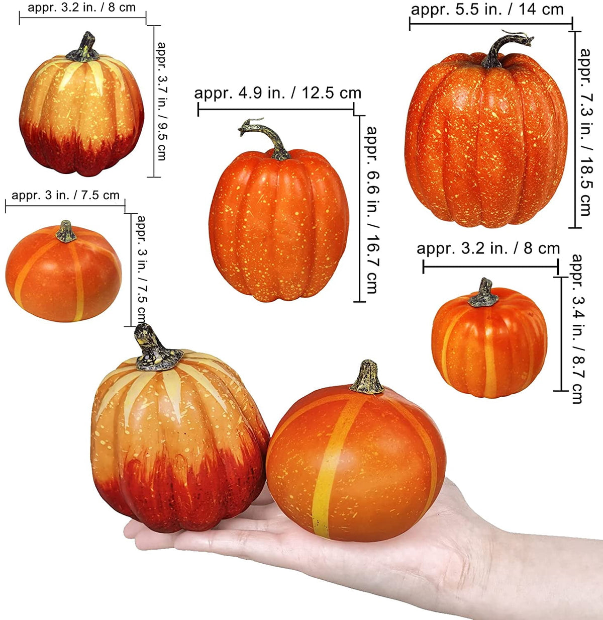 Foraging dimple 7 Pcs Assorted Harvest Orange Artificial Pumpkins Decorative Pumpkins Foam Pumpkins with Gold Stems for Fall Harvest Autumn Home Wedding Thanksgiving Halloween Party