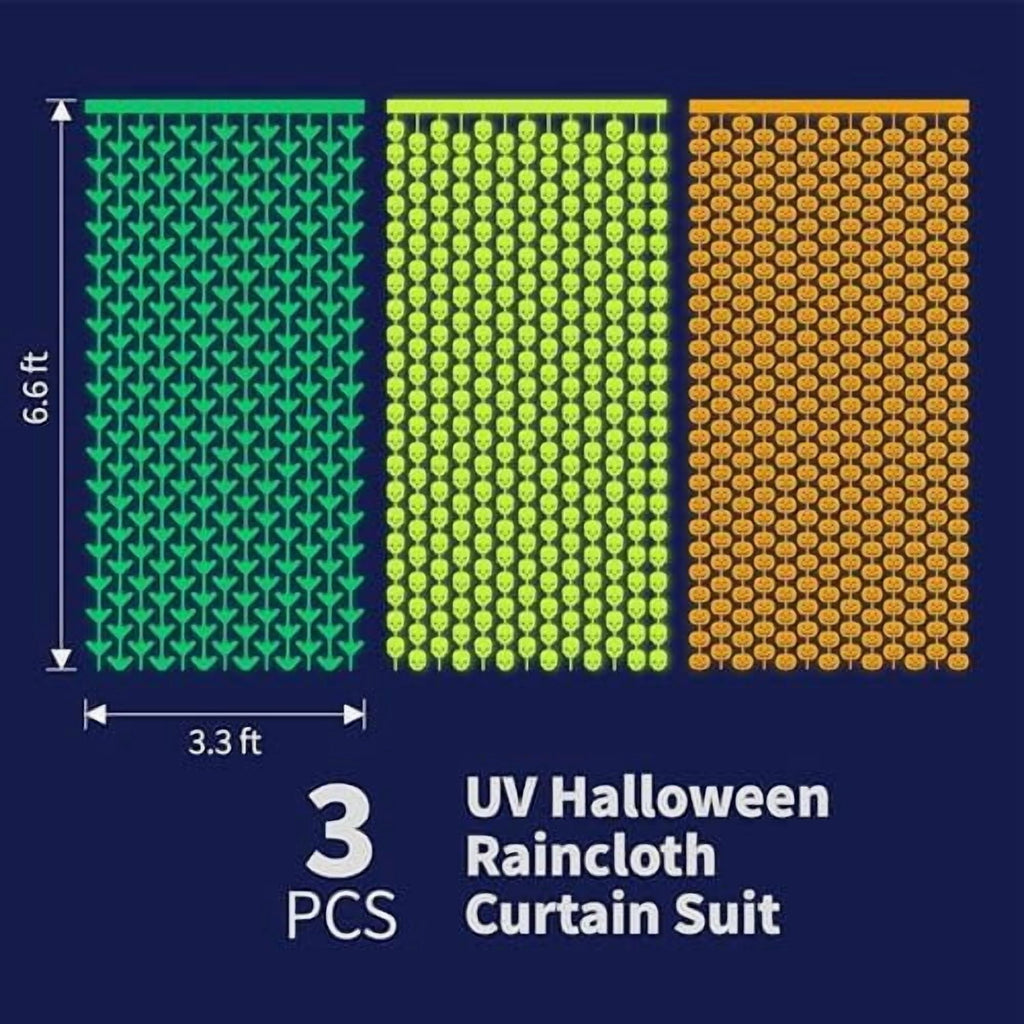 Halloween Neon Tinsel Fringe Curtains 3 Pack Pumpkin Skeleton Bat UV Party Decor