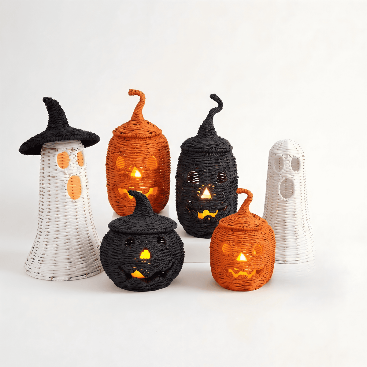 Guvpev 12" Handcrafted Woven Ghost - White Faux Rattan & Metal Ghost Figurine, Halloween Spooky Table Centerpiece & Fall Porch Decor for Indoor Outdoor