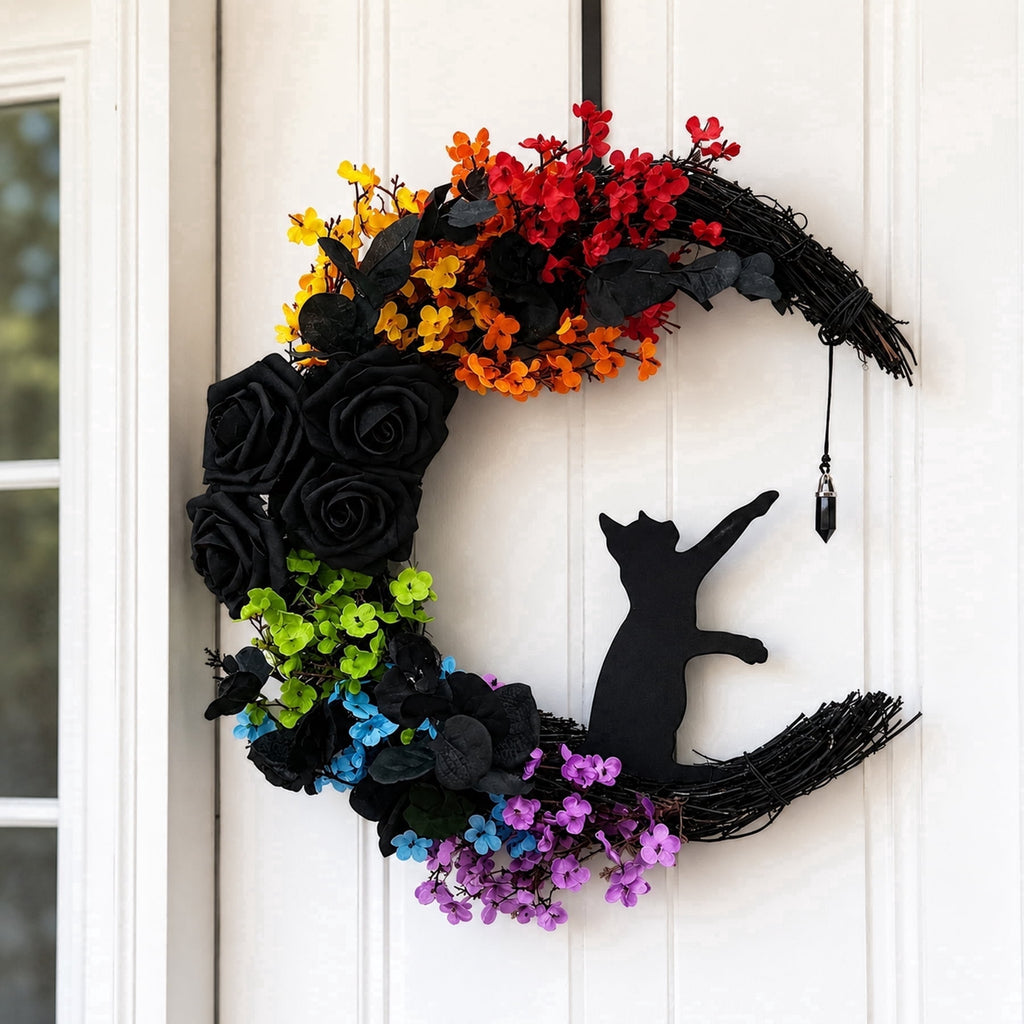 Circlecity Halloween Black Cat Wreath, 14.9" Colorful Crescent Moon Wreath with Artificial Flowers, Gothic Front Door Decor