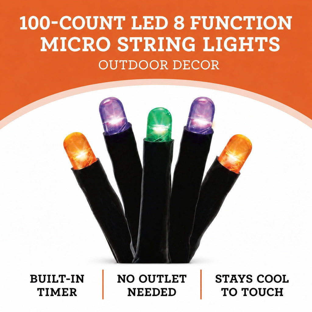 Indoor/Outdoor 100-Count Battery-Operated LED 8-Function Micro String Lights, Orange, 33', Halloween by Way To Celebrate