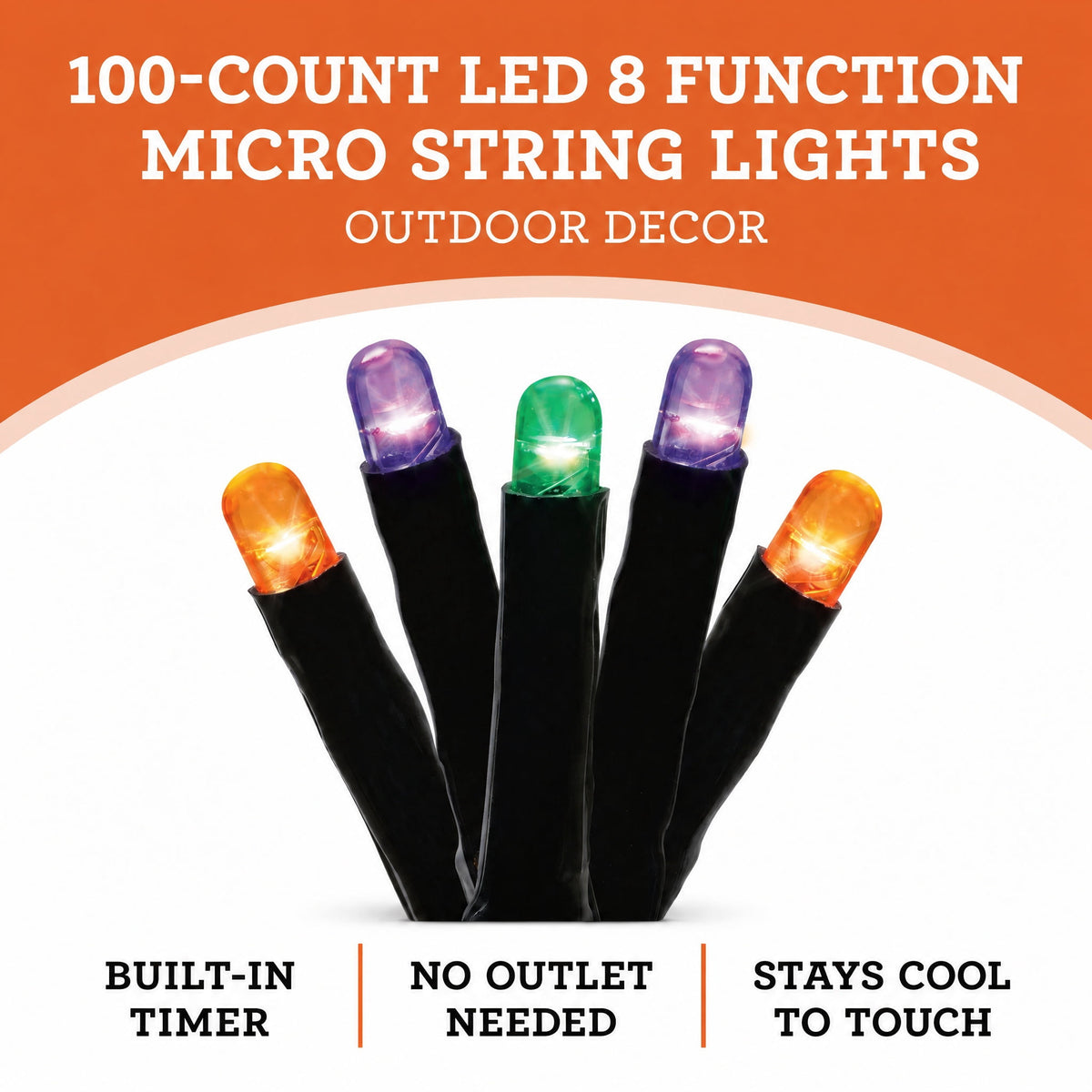 Indoor/Outdoor 100-Count Battery-Operated LED 8-Function Micro String Lights, Orange, 33', Halloween by Way To Celebrate