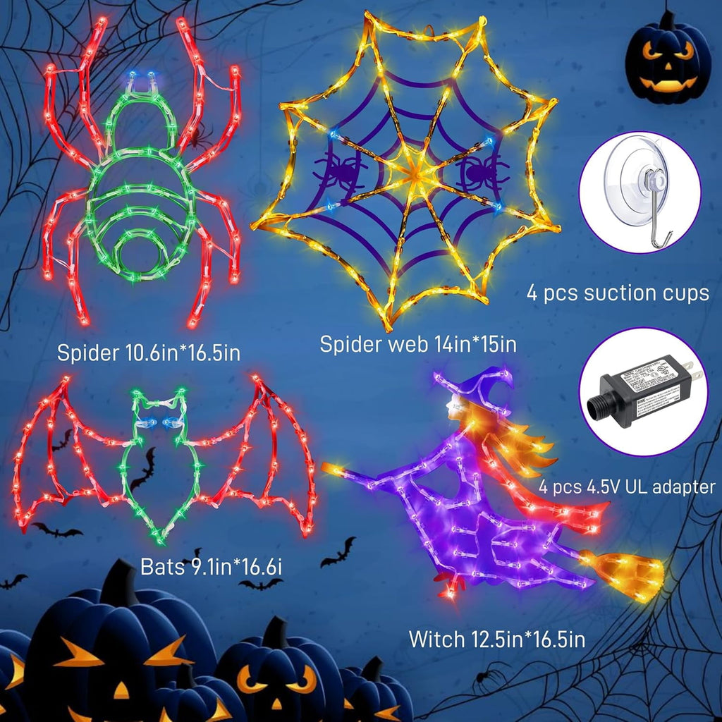 16" Halloween Window decorate Plug Light Witch Bat Spider Web door decor-4 Pack