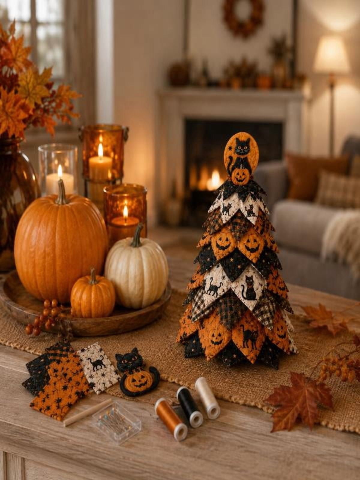 DIY Halloween Quilted Fabric Tree Kit, Sewing Project Holiday Mantel Decor, Quilted Patchwork Fabric Halloween Tabletop Christmas Tree, Handmade Gifts for Craft Lovers, Charming Patchwork Bundle #Cat