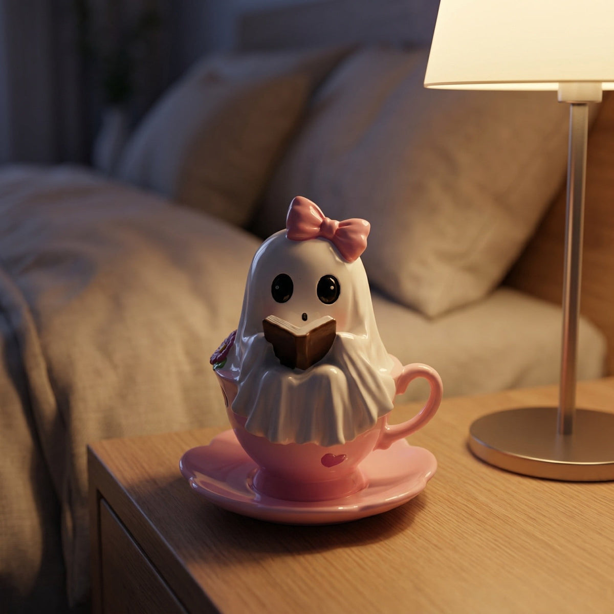 Halloween Ghost Figurine, Ghost Girl with Pink Bow & Hot Drink, Funny Ghost Statue Halloween Decor for Gift, Cute Spooky Tabletop Ornament for Home, Mantle, Desk & Party Decoration