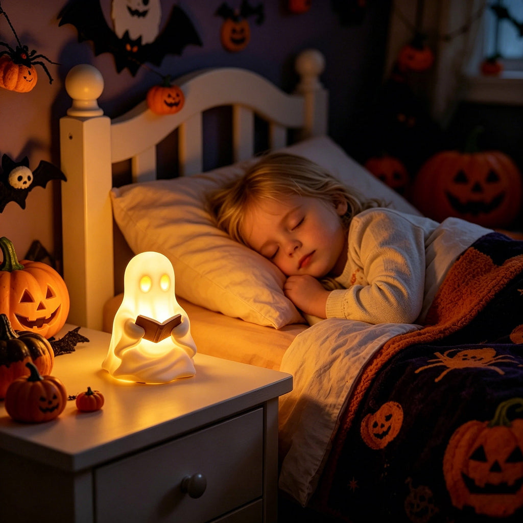 Halloween Ghost Figurine, Resin Lighted Ghost Ornament with Pumpkin Lantern & Beverage Cup, Tabletop Halloween Indoor Decor