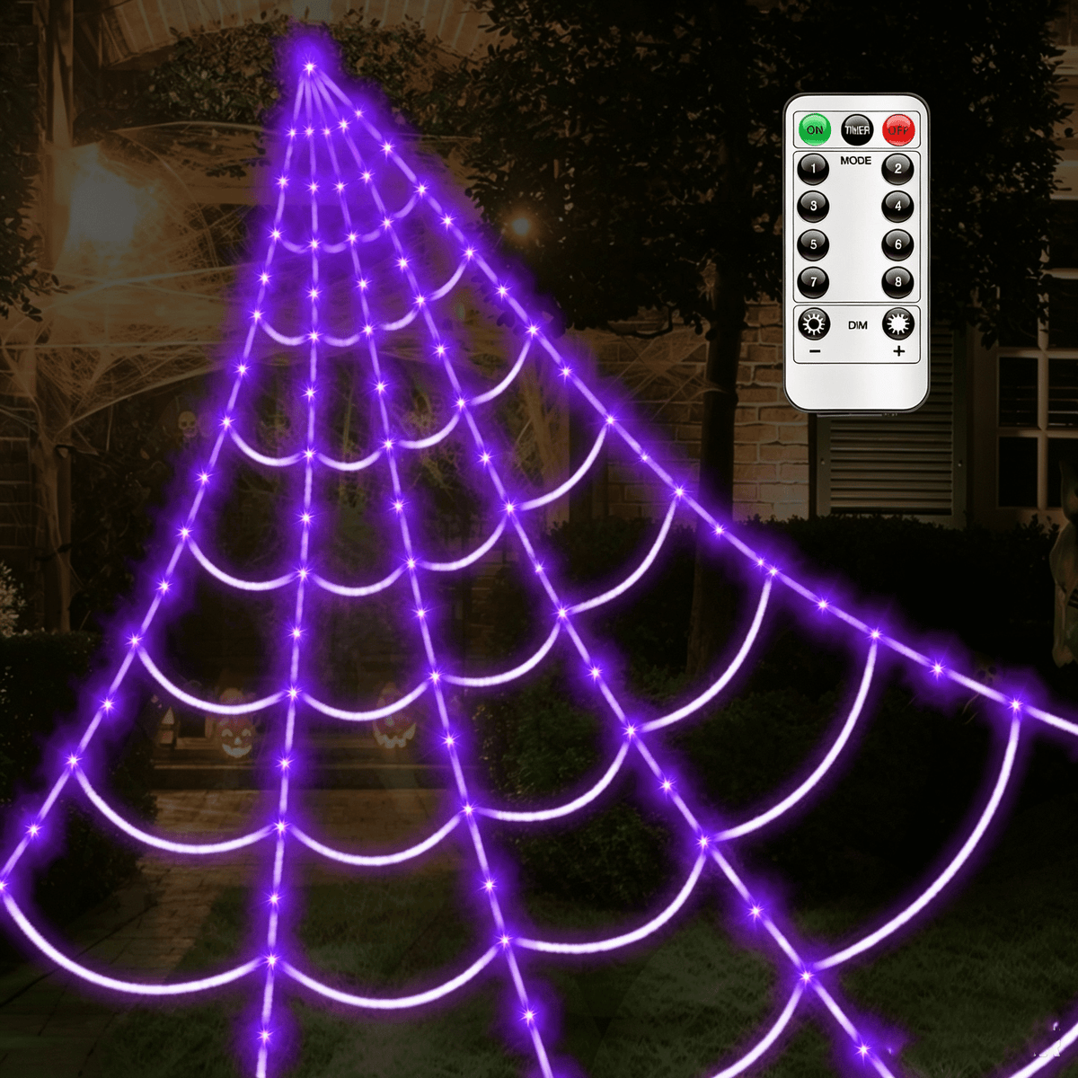 Halloween Decorations Spider Web Lights,4FT Diameter 70 LED with Black Spider, Waterproof Net Lights, Remote Control, 8 Modes Cobweb Halloween Decorations for House Garden Indoor Outdoor (Purple)