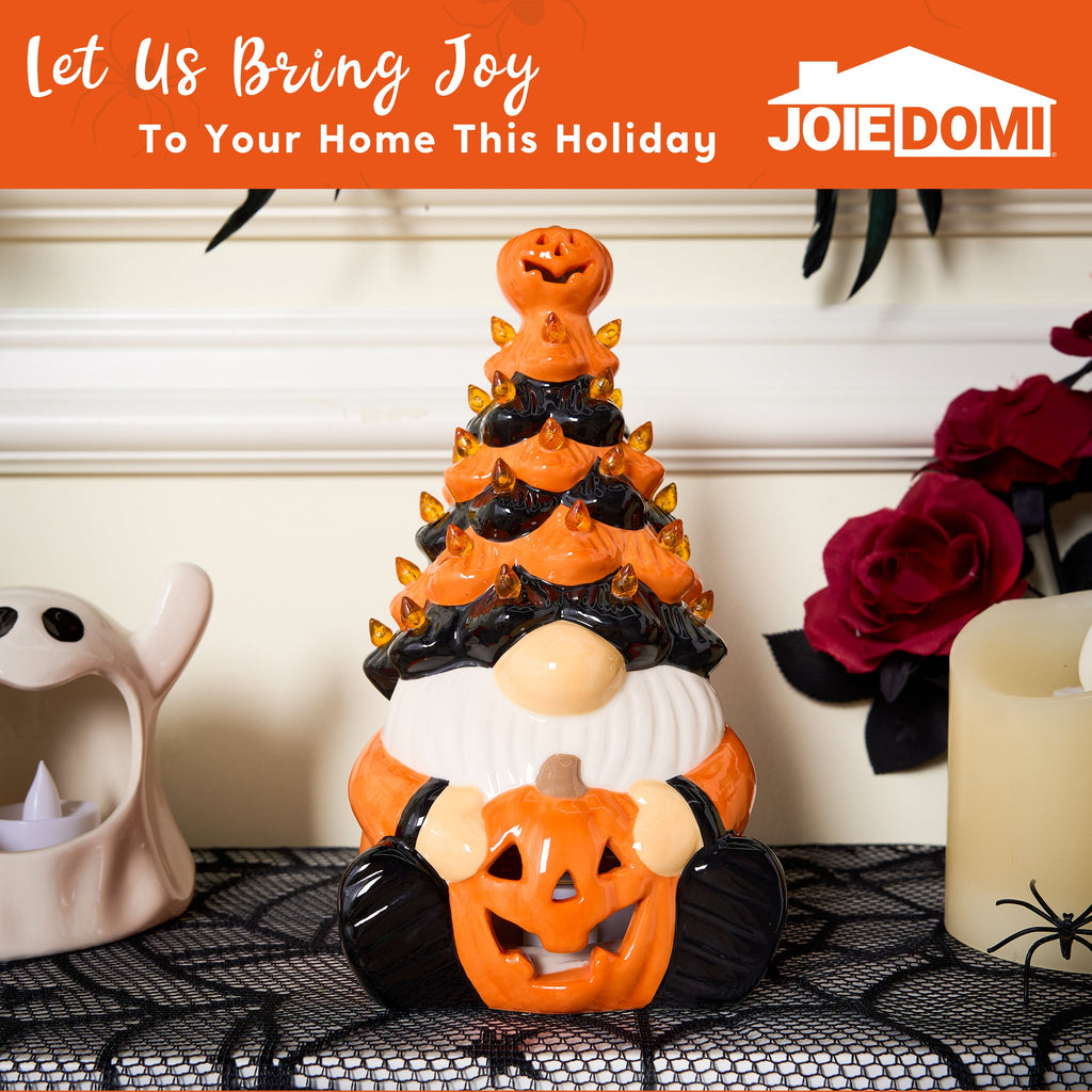 Joyfy 8.5 inch Halloween Decorations Ceramic Gnome Tree Decorations with Build-in LEDs,Light Up Pumpkin Table Decor Bedroom Indoor Centerpieces for Tables
