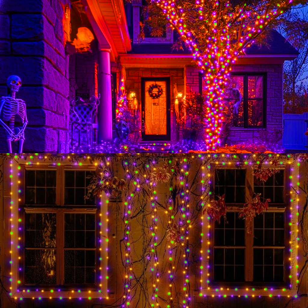 LAMPHOME Orange Purple Green Halloween String Lights Outdoor, 32.5FT 100 LED Waterproof Christmas Lights with 16 Lighting Modes for Halloween Garden Party Christmas Xmas Tree Lights Decor