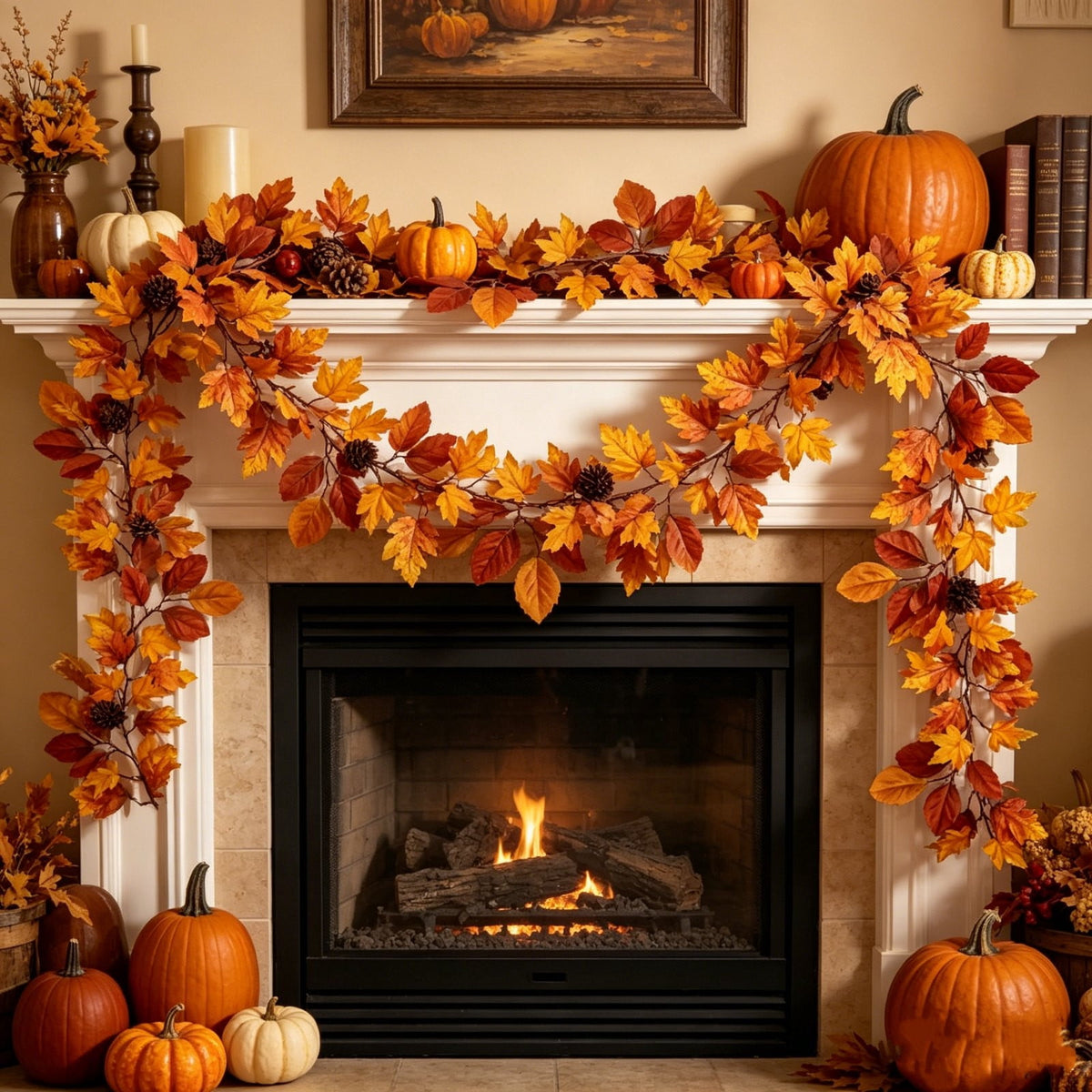 Fall Maple Leaf Front Door Wreath, Multicolor Plastic Seasonal Wreath for Halloween Thanksgiving Christmas Indoor Wall Fireplace Home Decor, 9.84 Inch