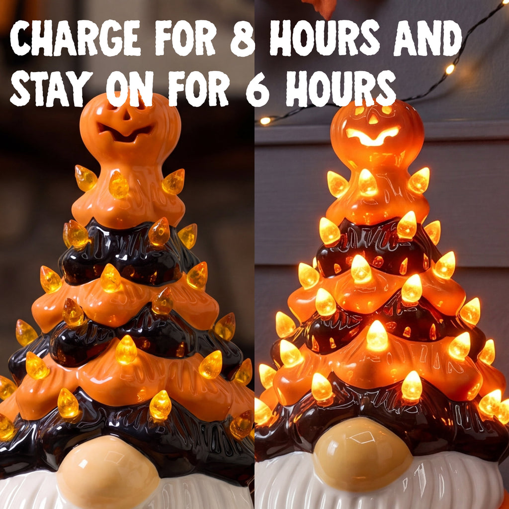 Joyfy 8.5 inch Halloween Decorations Ceramic Gnome Tree Decorations with Build-in LEDs,Light Up Pumpkin Table Decor Bedroom Indoor Centerpieces for Tables
