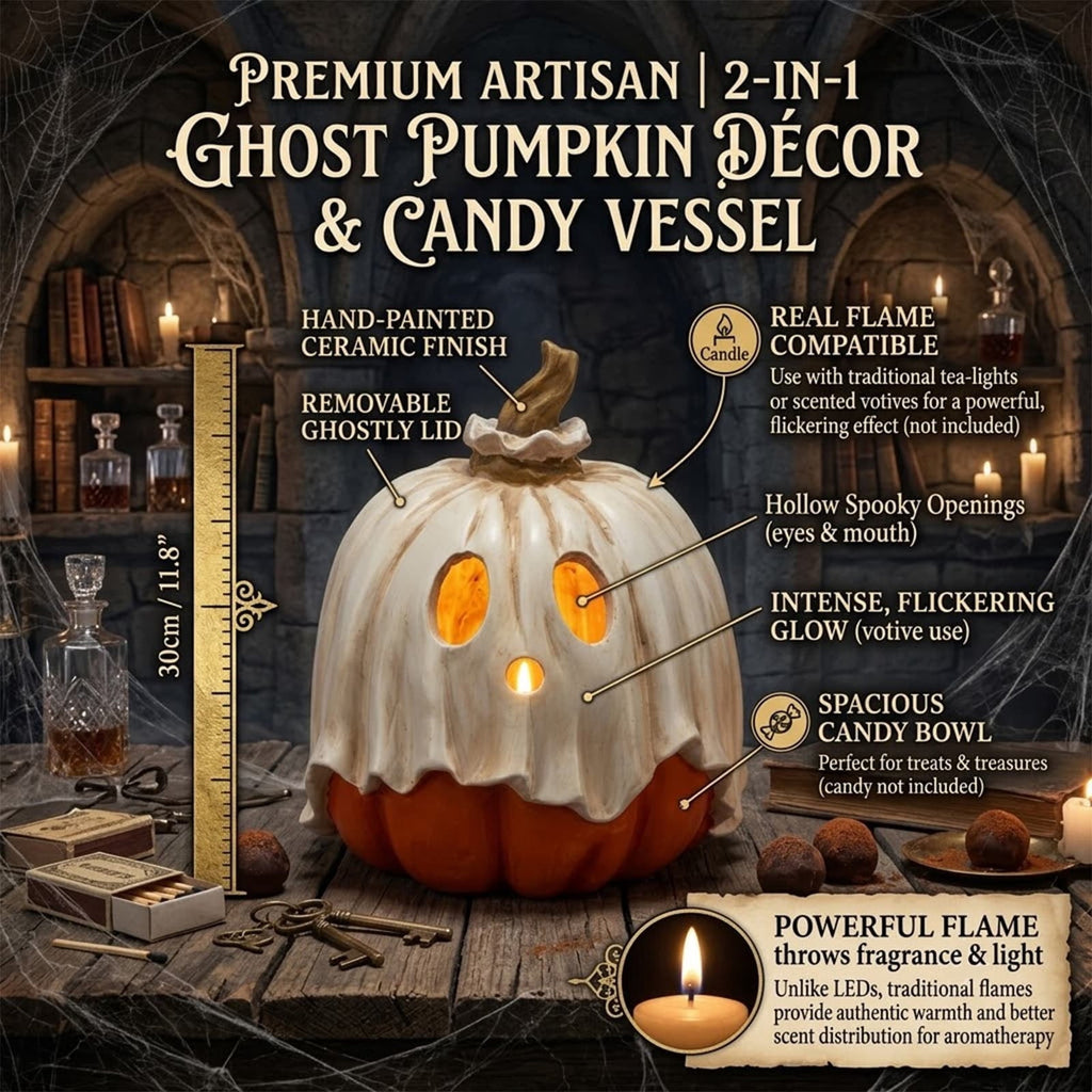 Clearance Detachable Pumpkin Ghost Candy Bowl, 11.8 Inch Halloween Pumpkin Container with Removable Ghost Mask Lid, Spooky Tabletop Decor for Halloween Party Supplies