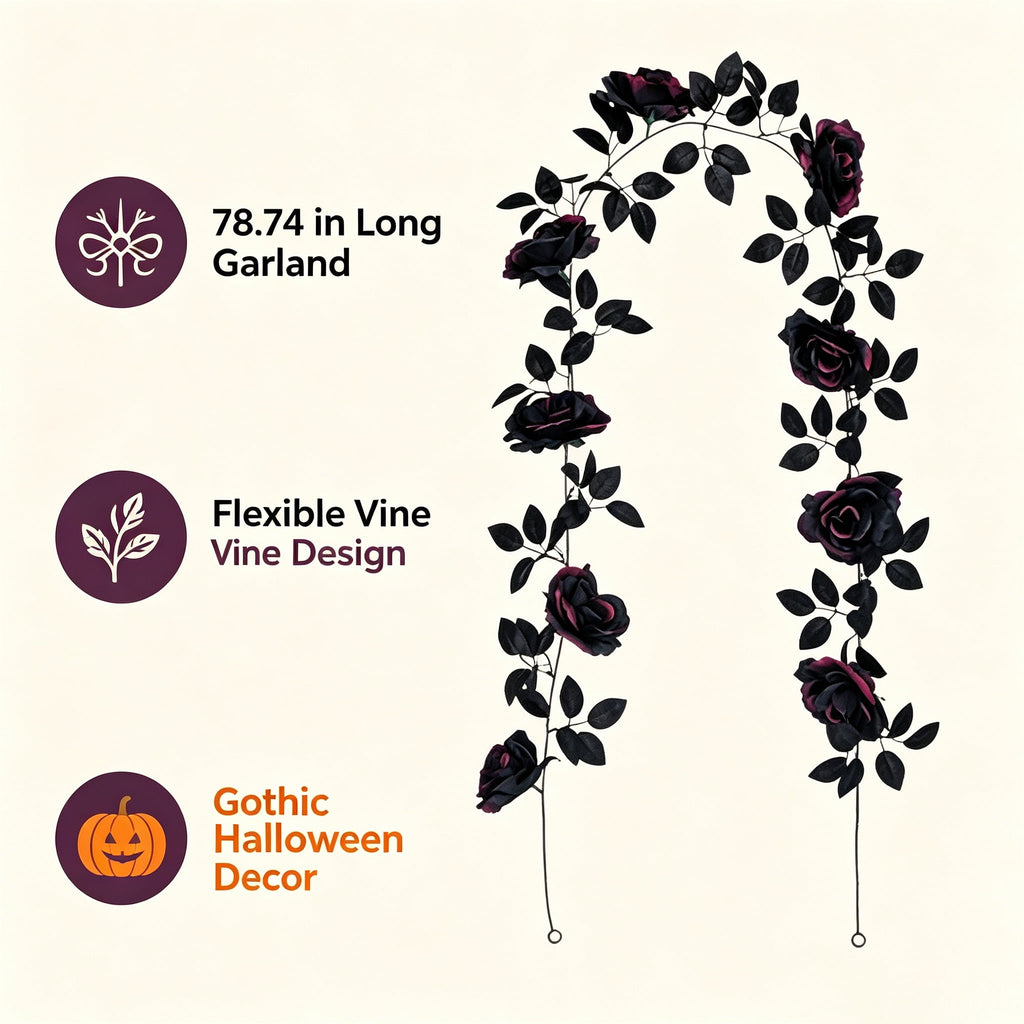 Halloween Black Garland with LED Lights 70.87 Inch Gothic Foliage for Mantel Stair Halloween Party Home Indoor Decor