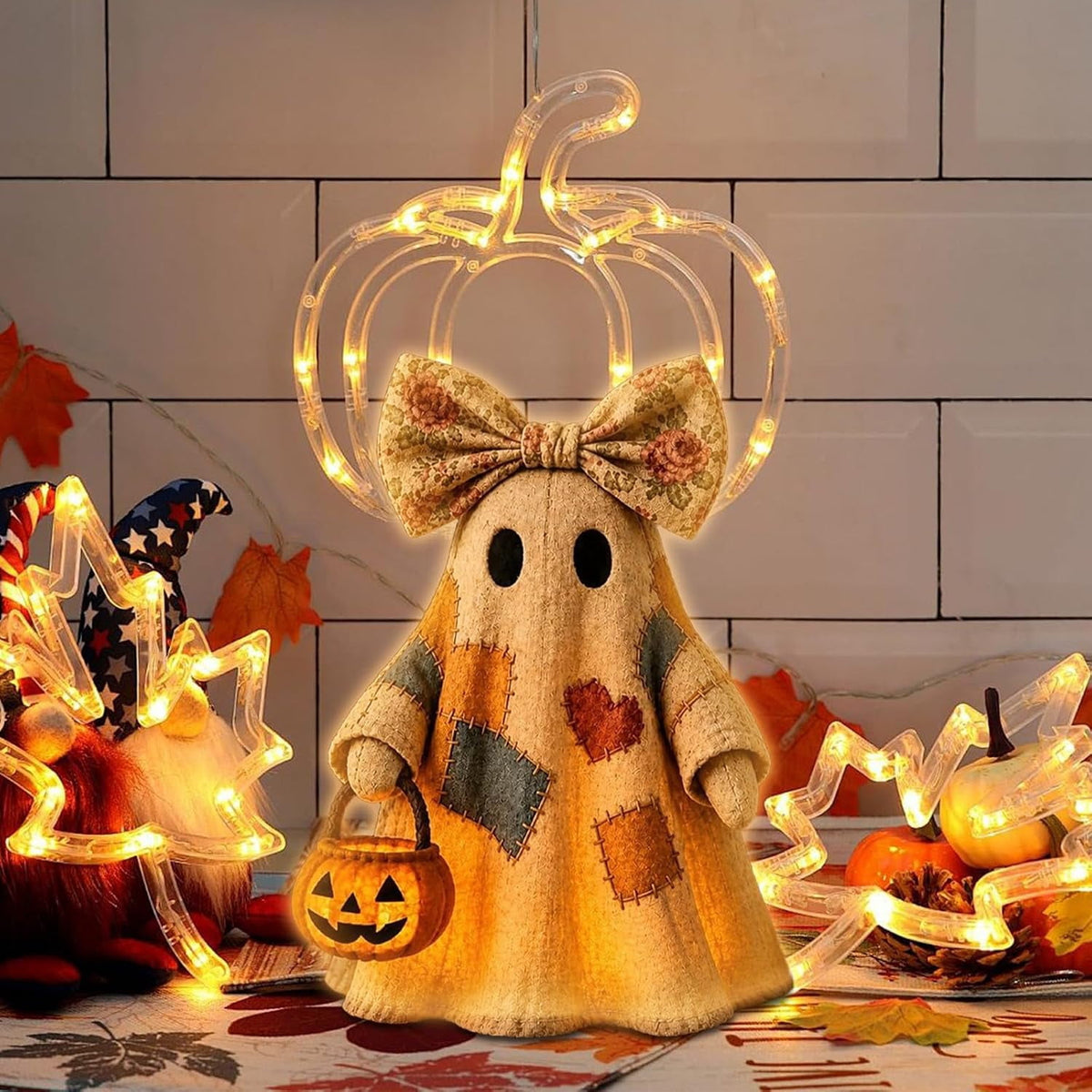 Lighted Vintage Patchwork Ghost, Light Up Ghost with Pumpkin Lantern Halloween Decor, Resin Ghosts Lamp, Rustic Fall Figurine Decoration for Tabletop Mantel Shelf Entryway Porch-9.44"