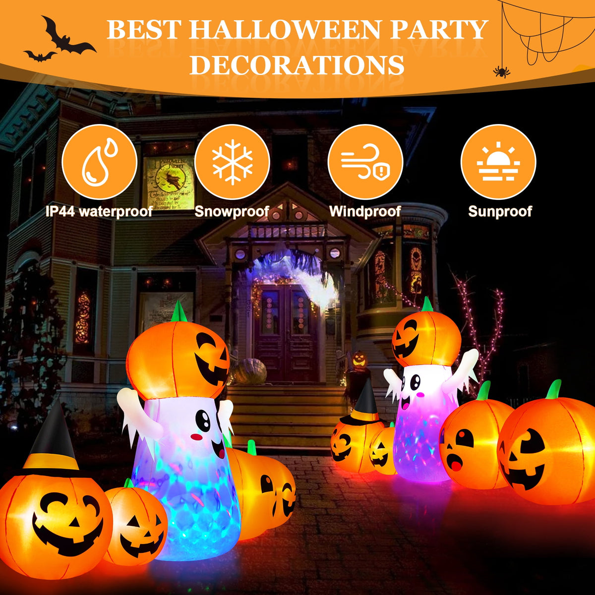 Yexmas 8FT Halloween Inflatable Decoration with Ghost, Black Cat and Pumpkins,Built-in LED Lights, Blow Up Halloween Yard Decor for Indoor/Outdoor Party,Yard, Lawn