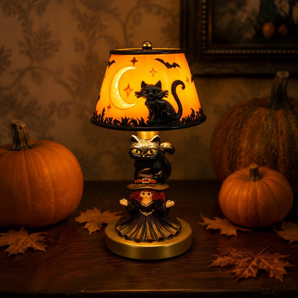 Stained Glass Witch Hat Lamp Gothic Halloween Lighting Decor, Vintage Witchy Hats Night Lights, Handcrafted Retro Resin Table Lamp for Bedroom, Living Room & Home Decor