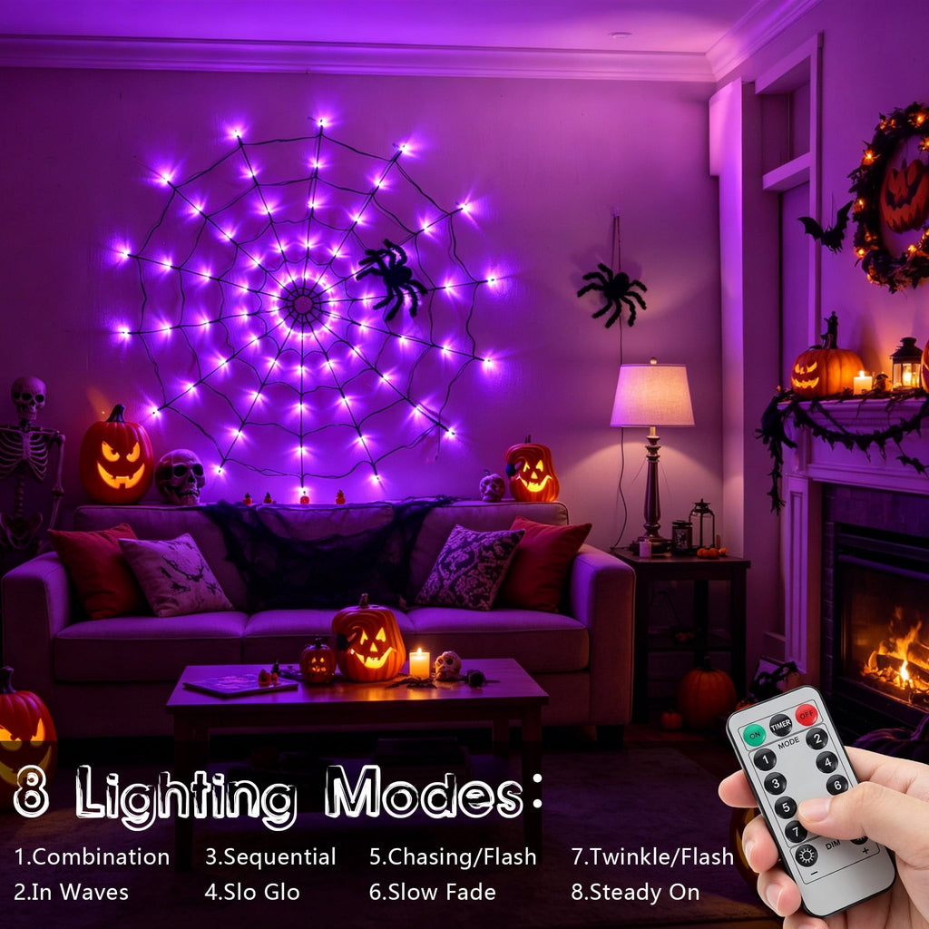VOLIVO Halloween Spider Web Lights, 4FT Diameter 8 Modes Net Lights with Black Spider, Remote Control Waterproof for Indoor Outdoor (Purple)