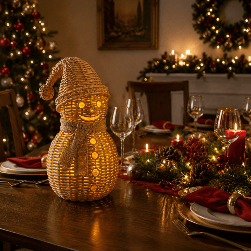 Rattan Snowman Christmas Tabletop Decor, Hand‑Woven Snowman Figurine with Hat and Scarf, Rustic Holiday Ornament for Mantel Shelf Home Decoration