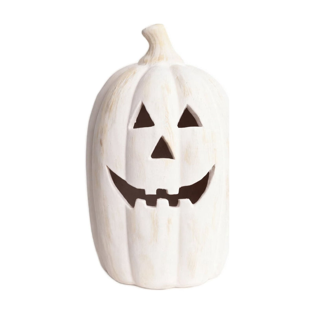 Halloween Pumpkin Lantern Decor, White Handmade Resin Jack O Lantern with Flameless Candle Glow, Vintage Fall Decoration for Front Door Porch Patio Table