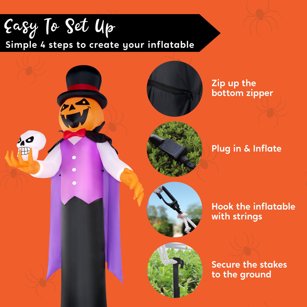Joyfy 12 ft Giant Halloween Inflatable Pumpkin Ghost Vampire with Skull Decoration with Built-in LEDs,Ghost Halloween Decorations Outdoor Blow Up Yard Lawn Decoration
