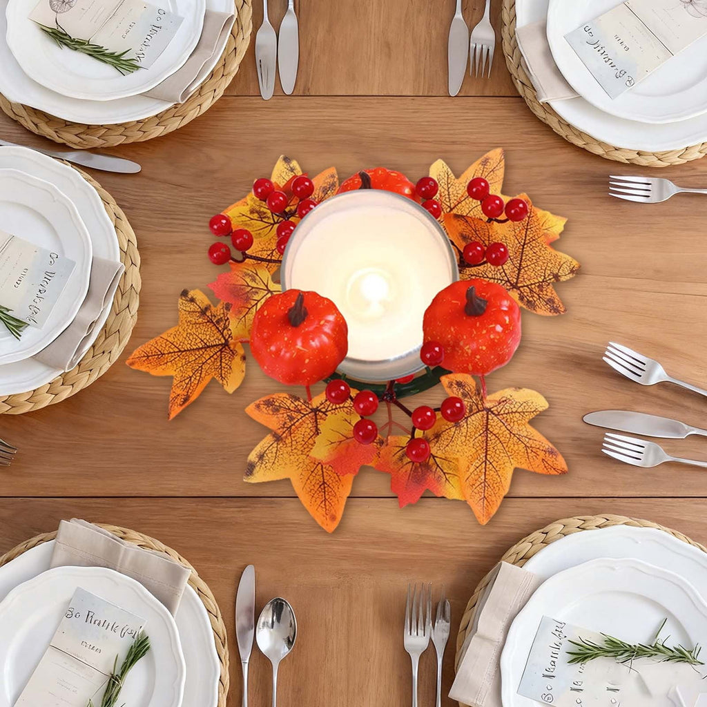 Fall Candle Ring,Artificial Maple Leaves Pumpkins Decorative Wreaths,Berry Wreath for Pillar Candle Holder,Candle Ring for Halloween Centerpieces and Farmhouse Table Decor,7.48 inch(Pink)