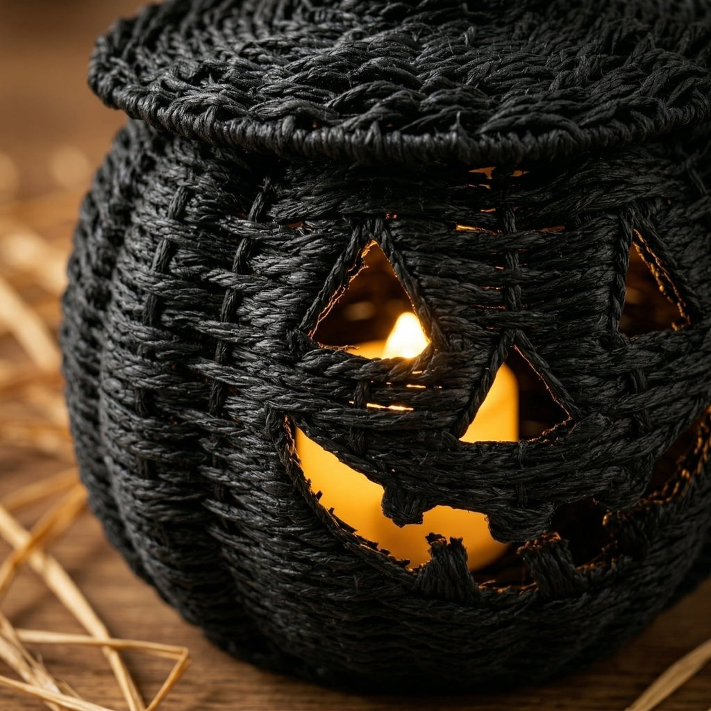 Halloween Woven Seagrass Pumpkin for Spooky Halloween Candy Storage and Home Decor, Black Handcrafted Witch Hat Woven Seagrass Lantern for LED Candy（B）