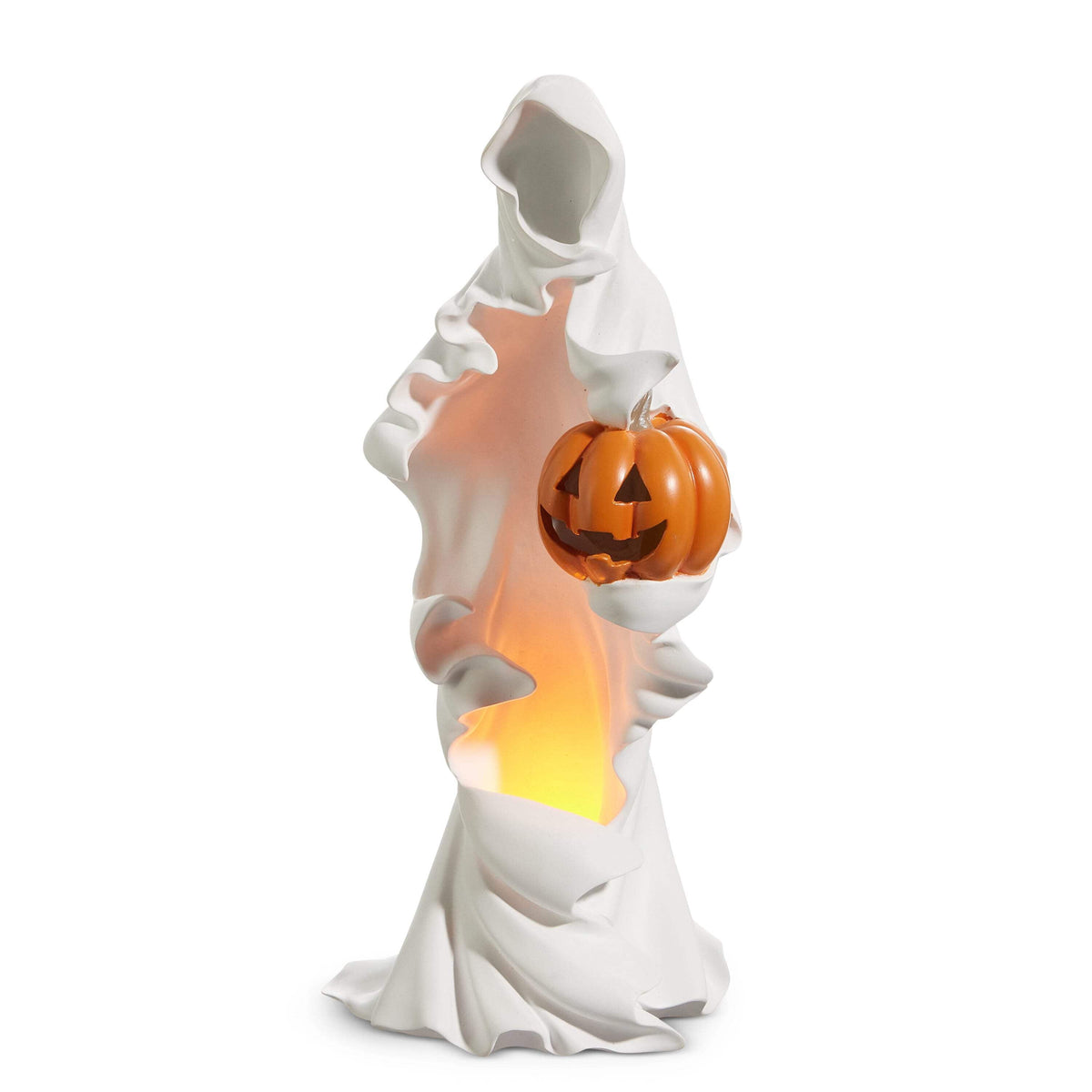 RAZ Imports 20" Ghost Phantom with Pumpkin Light-Up LED Halloween Decoration Statue, Battery-Operated