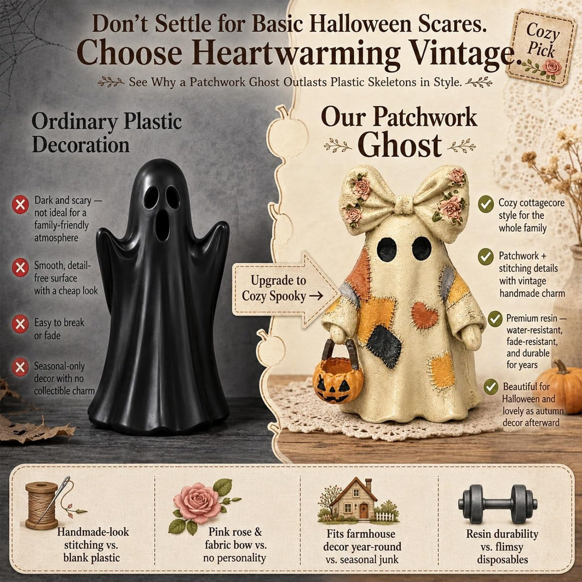 Vintage Halloween Decor Resin 4" - Light Up Ghost Statue & Pumpkin Lantern for Mantel Shelf & Entryway, 1 Pack Available