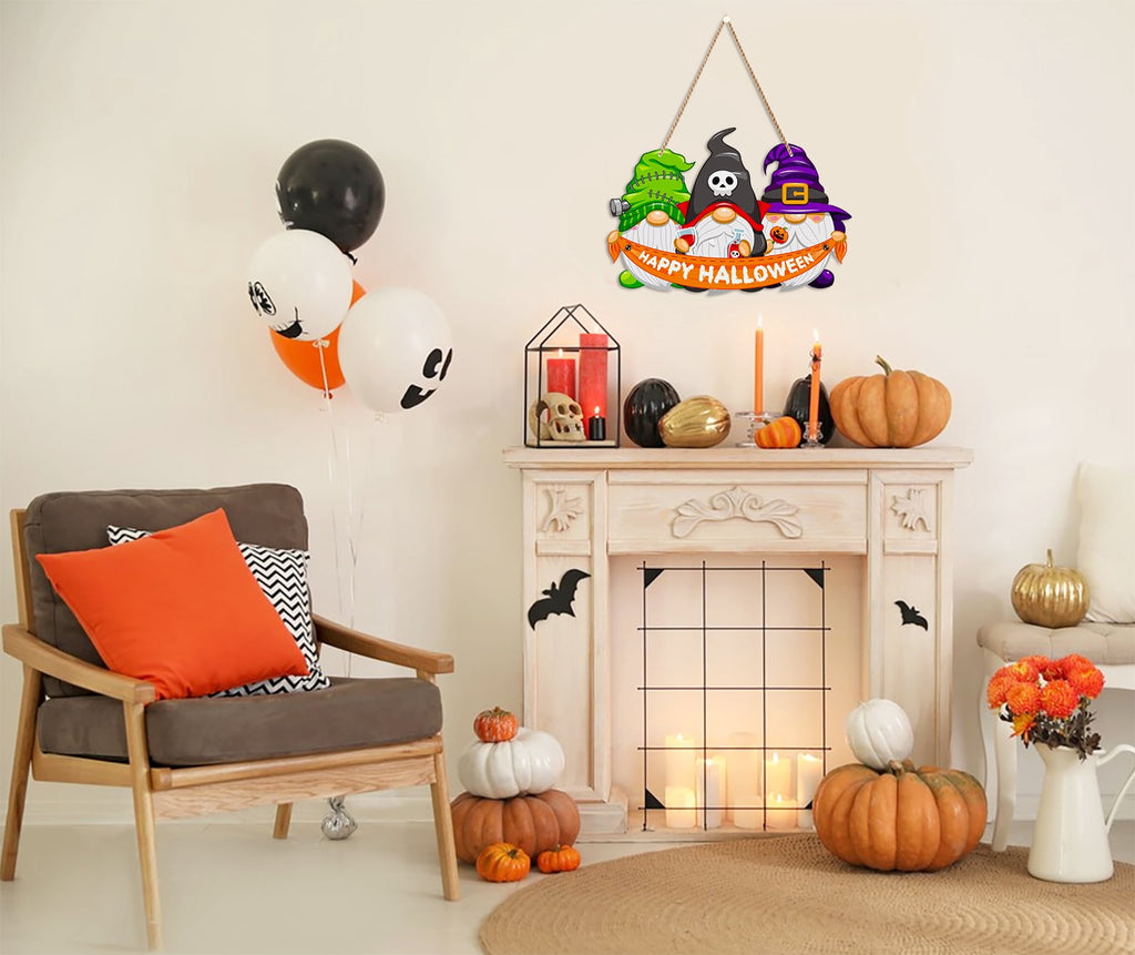WaaHome Halloween Door Decorations for Front Door Happy Halloween Door Signs Halloween Decor Sign Halloween Gnome Wreaths Sign for Front Door Home Porch Wall Indoor Outdoor Halloween Party Decorations